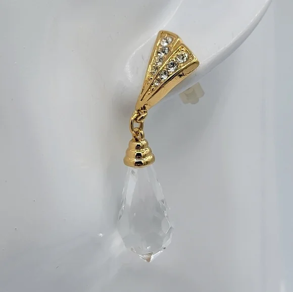 Vintage Gold Tone Earrings Crystal Teardrop #2271 - Picture 3 of 10